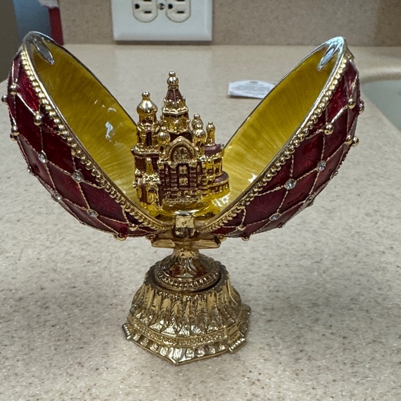 AKM stamped Faberge-styled Egg Russia Ornate Red and Gold Decorative Egg - Picture 2 of 11